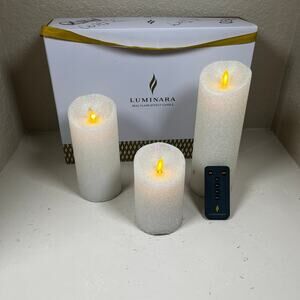 Luminara Flameless Moving Wick Pillar Candles w/remote -set of 3 - white glitter